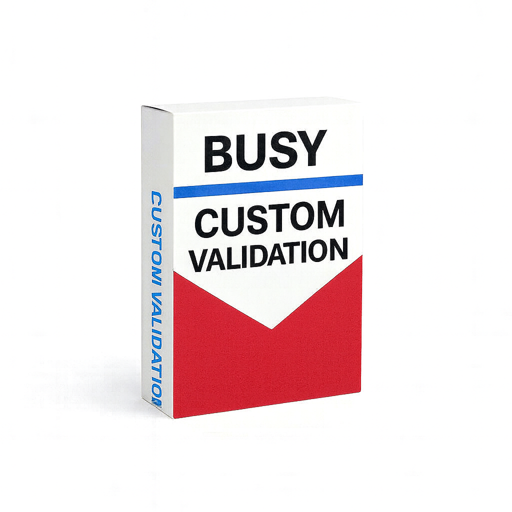 Busy custom validation;Busy software validation customization;Custom validation Busy accounting;Busy VB script validation;Busy GST validation tools; Scan Barcode From Narration Busy Addon